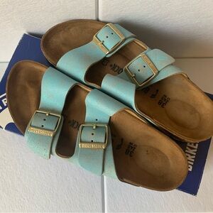 Women’s Birkenstock Arizona Washed Metallic Aqua Sandals Shoes 38